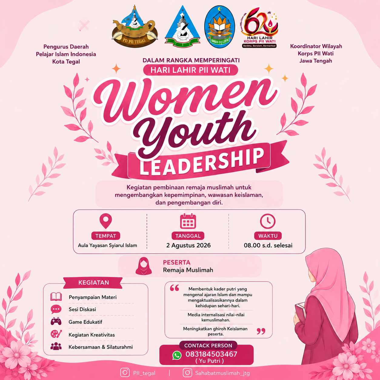 Poster Women Youth Leadership 2026 dalam rangka Hari Lahir Korps PII Wati ke-62
