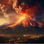 Ilustrasi gunung api yang mengalami erupsi dan mengeluarkan material vulkanik