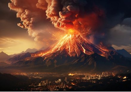 Ilustrasi gunung api yang mengalami erupsi dan mengeluarkan material vulkanik