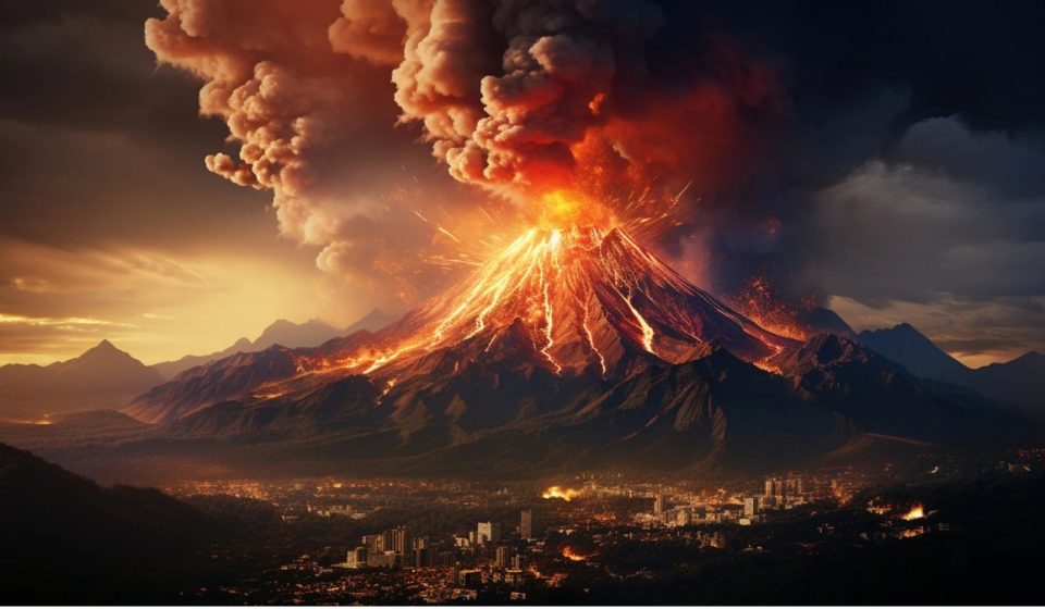 Ilustrasi gunung api yang mengalami erupsi dan mengeluarkan material vulkanik