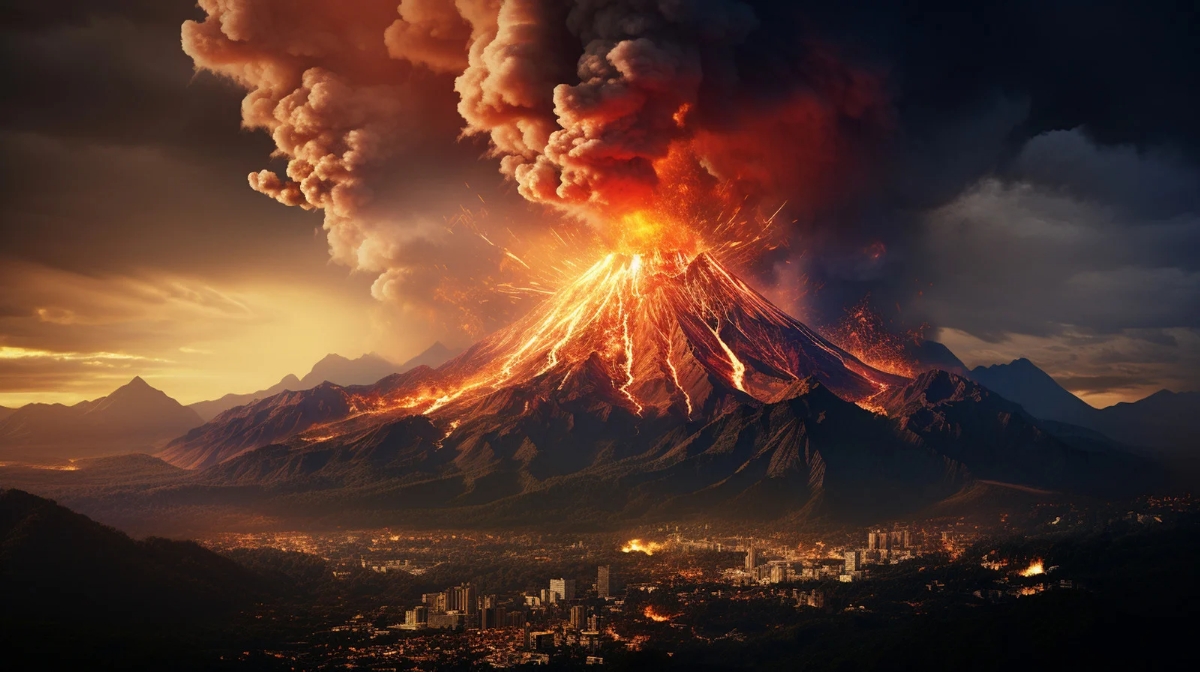 Gunung Meletus Ilustrasi gunung api yang mengalami erupsi dan mengeluarkan material vulkanik