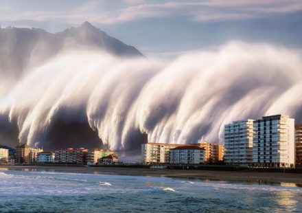 Ilustrasi gelombang tsunami besar menuju wilayah pesisir